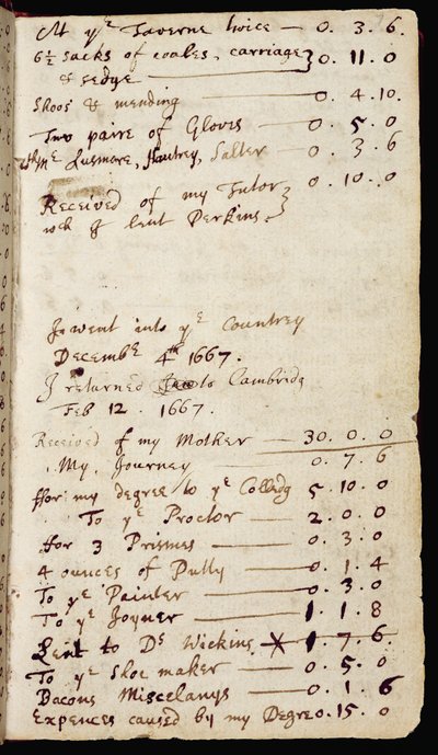Ms 1-1936 f.7r光学と彼の家計簿に関するニュートンの考えを含むノートからのページ、c.1665-68（紙にインク） 作： Isaac Newton